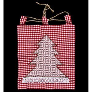 Handmade Red Gingham Christmas Tree Wall Hanging Lace Trim Green Embroidery